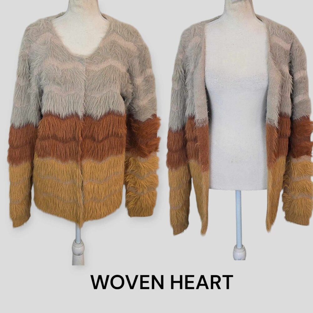 Woven Heart Fuzzy Fur Open  Cardigan Sweater Long Sleeve Women's Size Large